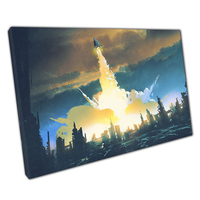 Astonishing Rocket Launch From Abandoned City Sci-Fi Fantasy Digital Illustration Wall Art Print On Canvas Picture For Home Office Decor