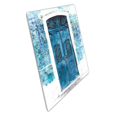 Blue Ornate Vintage Decorative Door Surrounded By Tile Watercolour Painting Style Wall Art Print On Canvas Picture For Home Office Decor