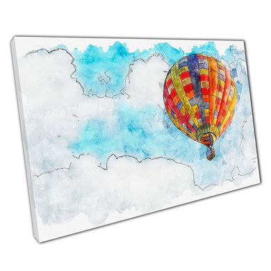 Colourful Hot Air Balloon Mid-Flight In A Cloud Filled Sky Watercolour Painting Style Wall Art Print On Canvas Picture For Home Office Decor