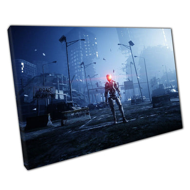 Military Robot In A Futuristic Apocalyptic Cityscape Fantasy Sci-Fi Digital Artwork Wall Art Print On Canvas Picture For Home Office Decor