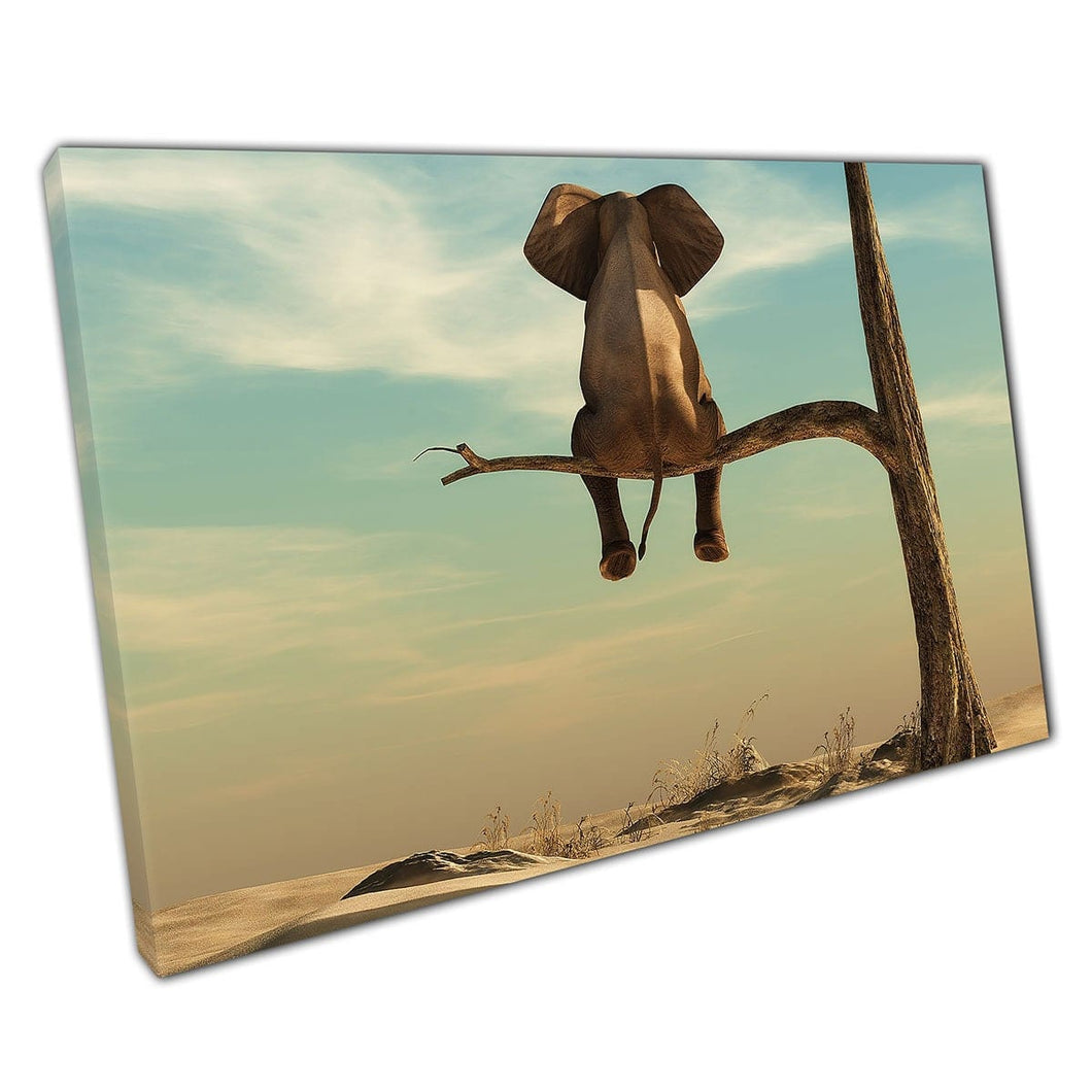 Elephant In Deep Thought Sitting On A Branch Of A Withered Tree Surreal Artwork Wall Art Print On Canvas Picture For Home Office Decor