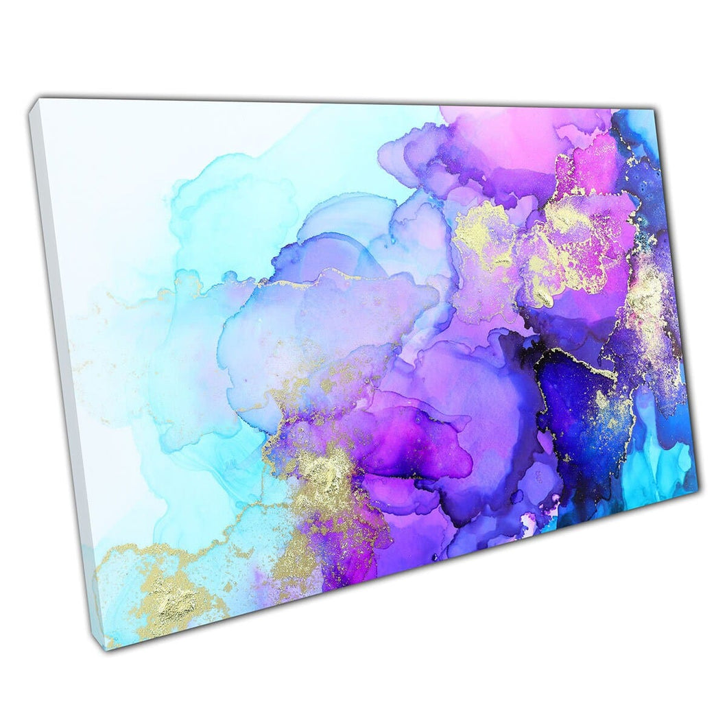 Vivid Blues Purples With Gold Abstract Alcohol Ink Free Flowing Marbling Technique Wall Art Print On Canvas Picture For Home Office Decor