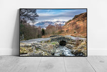Load image into Gallery viewer, Ashness Bridge &amp; snow capped Skiddaw The Lake District Ready to Hang Wall Art Print Framed Picture print
