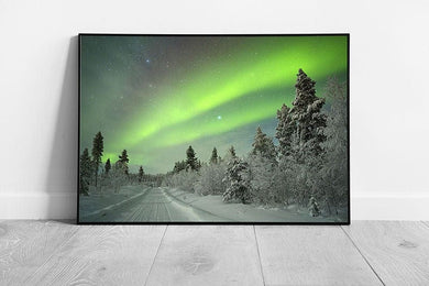 Amazing Vibrant Green Northern Lights Over Snowy Forest Woodland Finnish Lapland Wall Art Print on Paper Framed Picture print