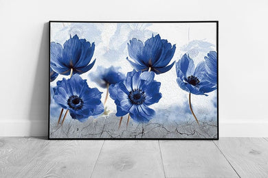 Blue Oil Painting Style Abstract Flowers Wall Art Print on Paper Framed Picture print
