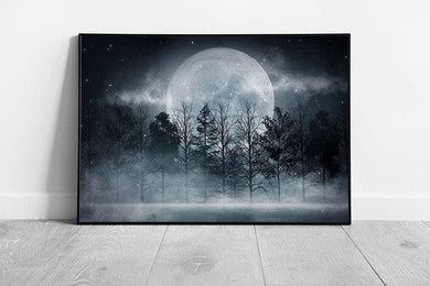 Large Full Moon Illuminating Dark Spooky Fog Mist Filled Forest At Night Scene Wall Art Print on Paper Framed Picture print