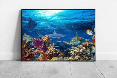 Busy Coral Reef Filled With Sea Life Shark Sting Ray Tropical Fish Sea Turtle Ocean Wall Art Print on Paper Framed Picture print
