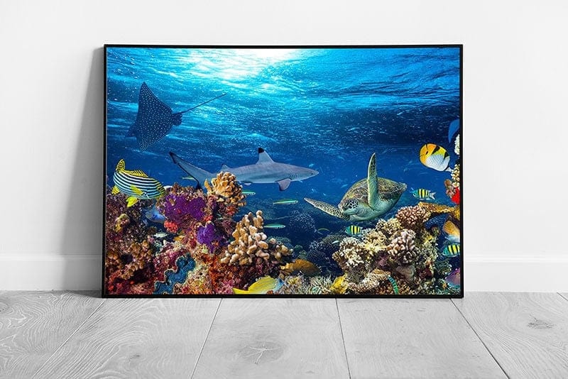 Busy Coral Reef Filled With Sea Life Shark Sting Ray Tropical Fish Sea Turtle Ocean Wall Art Print on Paper Framed Picture print