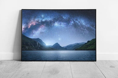 Milky Way Curved Night Moonlit Sky Over Stunning Lake And Mountainous Landscape Wall Art Print on Paper Framed Picture print