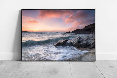 Dramatic Ocean sunset Little Fistral Beach Newquay Ready to Hang Wall Art Print Framed Picture print