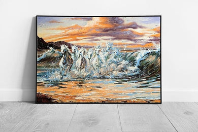Horses Galloping From Waves In The Ocean Water Painting Wall Art Print on Paper Framed Picture print