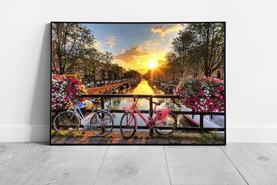 Beautiful sunrise Amsterdam Netherlands bicycles Canals Flowers Wall Art Print Framed Picture print