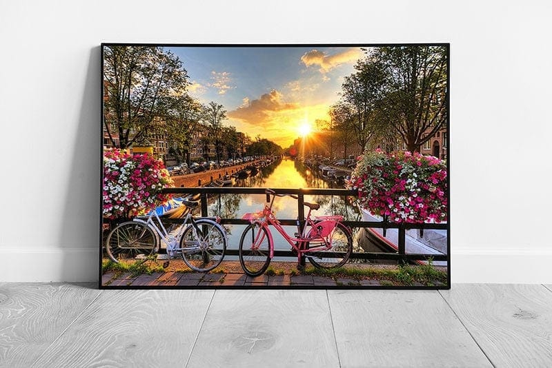 Beautiful sunrise Amsterdam Netherlands bicycles Canals Flowers Wall Art Print Framed Picture print