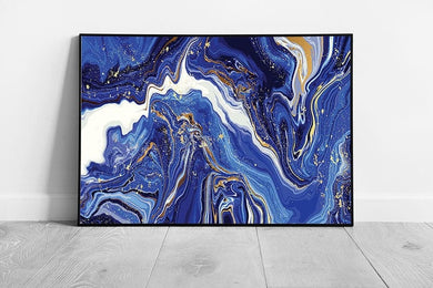 Blue And Gold Natural Luxury Marbling Swirls Pattern Wall Art Print on Paper Framed Picture print