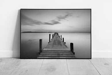 Black & White tranquil Jetty at sunset Landscape Art Ready to Hang Wall Art Print Framed Picture print