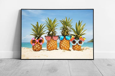 Family Of Funny Pineapples In Novelty Sunglasses On A Tropical Sandy Beach Summer Wall Art Print on Paper Framed Picture print