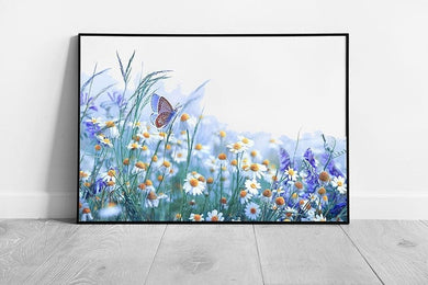 Delicate Purple Wild Lavender And Stunning Chamomile Flowers Meadow Floral Butterfly Wall Art Print on Paper Framed Picture print