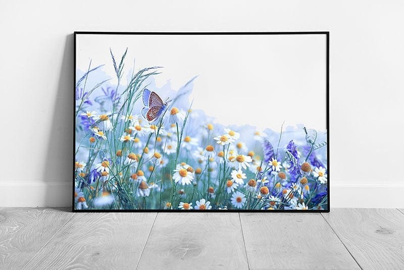 Delicate Purple Wild Lavender And Stunning Chamomile Flowers Meadow Floral Butterfly Wall Art Print on Paper Framed Picture print