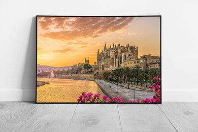 Beautiful Landmark Cathedral La Seu At Sunset In Palma De Mallorca Islands Spain Wall Art Print on Paper Framed Picture print
