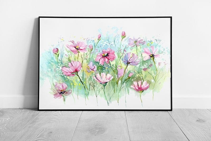 illustration watercolour pink Daisy's Summer flowers Ready to Hang Wall Art Print Framed Picture print