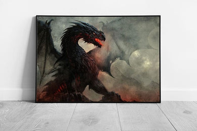 Fiery Fierce Scaly Black Winged Dragon Surrounded By Smoke Fantasy Creature Scene Wall Art Print on Paper Framed Picture print