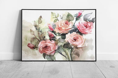 Beautiful Romantic Blush Pink Rose Bouquet With Rose Buds Watercolour Style Painting Wall Art Print on Paper Framed Picture print