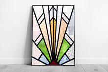 Laad de afbeelding in galerijviewer, Bright Detailed Art Deco 1920&#39;s Themed Stained Glass Style Wall Art Print on Paper Framed Picture print
