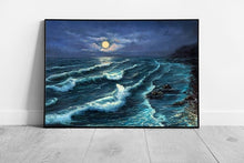 Laad de afbeelding in galerijviewer, Full Moon Over Turbulent Ocean Sea Shore Painting Wall Art Print on Paper Framed Picture print

