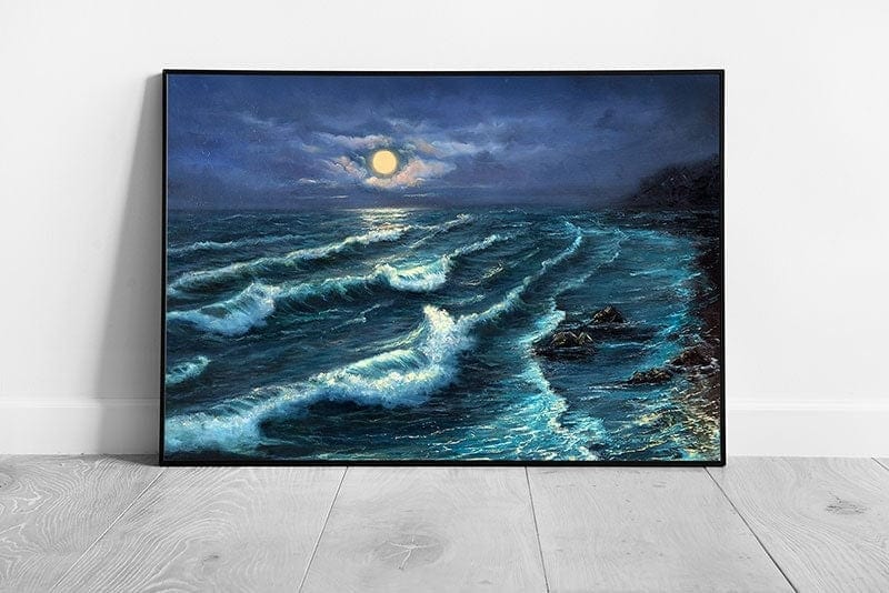 Full Moon Over Turbulent Ocean Sea Shore Painting Wall Art Print on Paper Framed Picture print