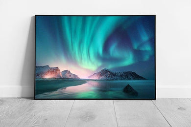 Aurora Borealis Over Sea And Mountains Norway Northern Lights Lofoten Islands Wall Art Print on Paper Framed Picture print