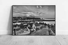 Laad de afbeelding in galerijviewer, Black &amp; White 199 steps Whitby Church Stairs Harbor Town Ready to Hang Wall Art Print Framed Picture print
