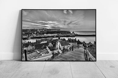 Black & White 199 steps Whitby Church Stairs Harbor Town Ready to Hang Wall Art Print Framed Picture print