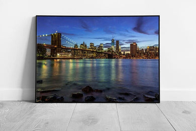 Blue skies over New York City at Sunset with the Brooklyn Bridge Wall Art Print Framed Picture print