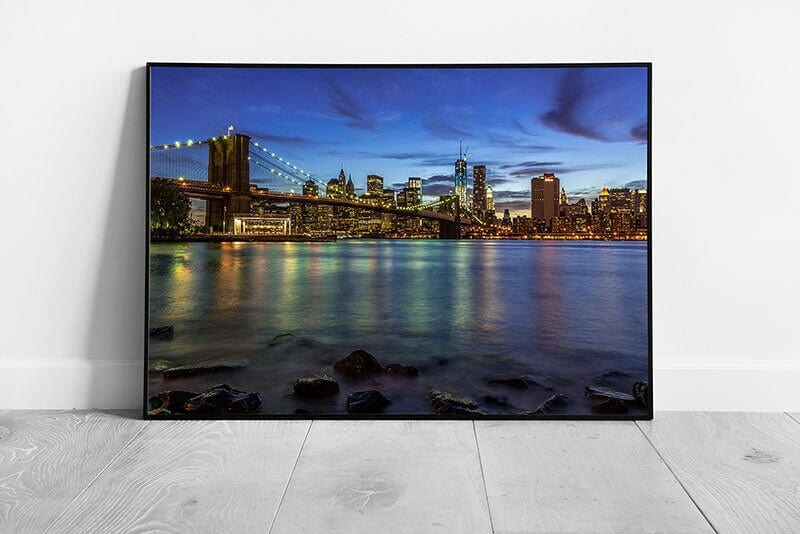 Blue skies over New York City at Sunset with the Brooklyn Bridge Wall Art Print Framed Picture print