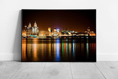 city of Liverpool at night reflections liver building Albert Ready to Hang Wall Art Print Framed Picture print