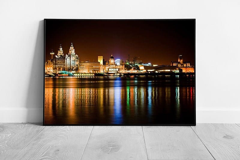 city of Liverpool at night reflections liver building Albert Ready to Hang Wall Art Print Framed Picture print