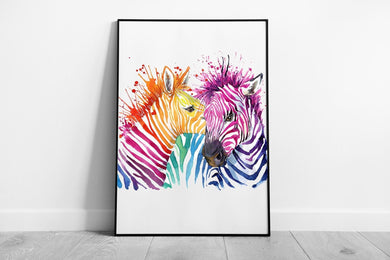 African Zebra Rainbow Multicolour Watercolour Wildlife Illustration Wall Art Print on Paper Framed Picture print