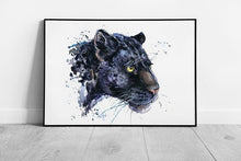 Laad de afbeelding in galerijviewer, Elegant Black Jaguar Wild Cat Splatter Style Watercolour Animal Illustration Wall Art Print on Paper Framed Picture print
