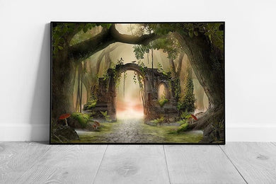 Magical Enchanted Forest Ruined Archway Fairy Fantasy Misty Moody Mythical Woodland Wall Art Print on Paper Framed Picture print