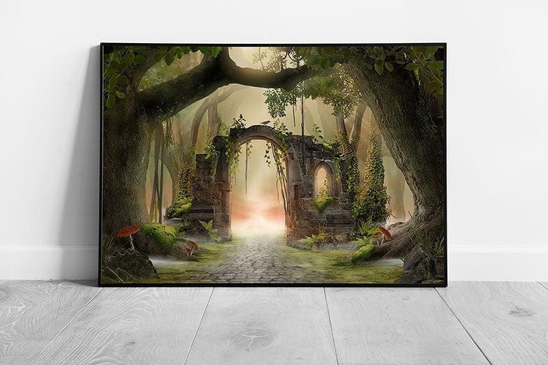 Magical Enchanted Forest Ruined Archway Fairy Fantasy Misty Moody Mythical Woodland Wall Art Print on Paper Framed Picture print