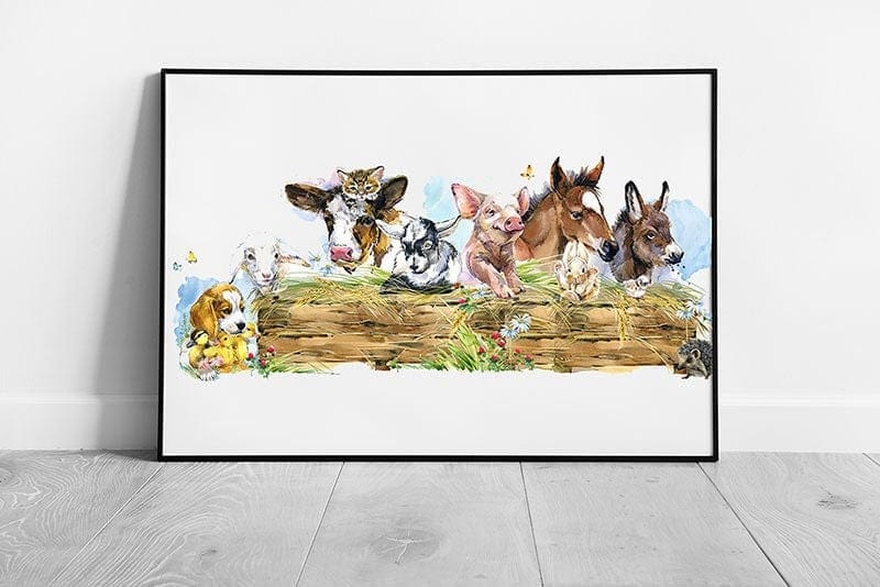 Domestic Pets Farm Animal Friends Relaxing Together Cute Watercolour Painting Style Wall Art Print on Paper Framed Picture print