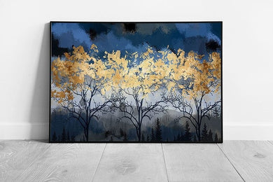 Beautiful Abstract Forest Woodland Under A Dusky Blue Sky Highlighting Golden Trees Wall Art Print on Paper Framed Picture print