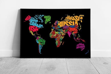 Black World Map word cloud typography Art Countries names Ready to Hang Wall Art Print Framed Picture print