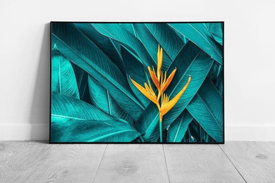 Colourful Exotic Yellow Flower On Dark Teal Foliage Wall Art Print on Paper Framed Picture print