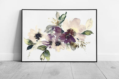 Beautiful Blooming Purple And Cream Flowers Floral Watercolour Painting Illustration Wall Art Print on Paper Framed Picture print