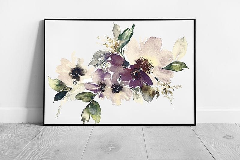 Beautiful Blooming Purple And Cream Flowers Floral Watercolour Painting Illustration Wall Art Print on Paper Framed Picture print