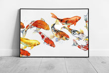 Carica immagine nel visualizzatore della galleria, Group Of Koi Carp Fish Swimming Together Watercolour Illustration Painting Style Wall Art Print on Paper Framed Picture print
