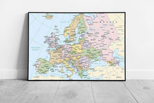 Load image into Gallery viewer, Map of Europe cities Countries light blue Map Art Ocean Ready to Hang Wall Art Print Framed Picture print
