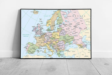 Map of Europe cities Countries light blue Map Art Ocean Ready to Hang Wall Art Print Framed Picture print