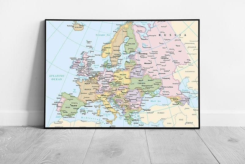 Map of Europe cities Countries light blue Map Art Ocean Ready to Hang Wall Art Print Framed Picture print